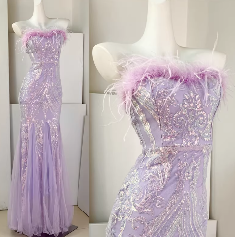 Classy Feathers Strapless White Tulle Sequin Mermaid Long Evening Dress Prom Dresses D2398