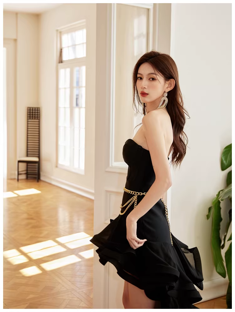 Sexy Strapless Black Ruffle Irregular Swallowtail Hem Birthday Dress Long Evening Gown D2415