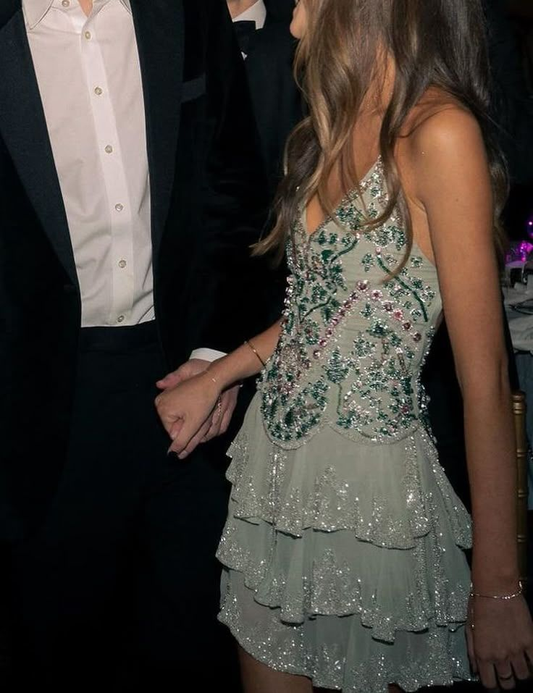 Vintage A line Spaghetti Straps Mint Green Chiffon Sequin Beaded Formal Grade Homecoming Dress Cocktail Dress S340