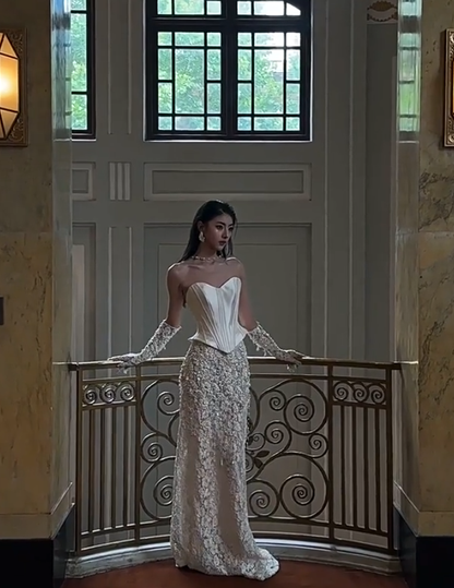 Fairy Strapless White Lace Pearls Mermaid Evening Dress Birthday Party Gown With Gloves D2220