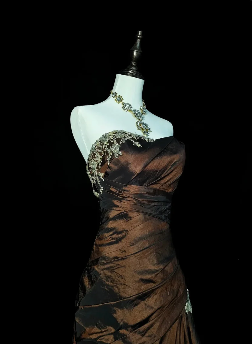 Vintage Brown Strapless Beaded Satin Mermaid Long Wedding Guest Dress Birthday Party Dress Evening Gown D1913