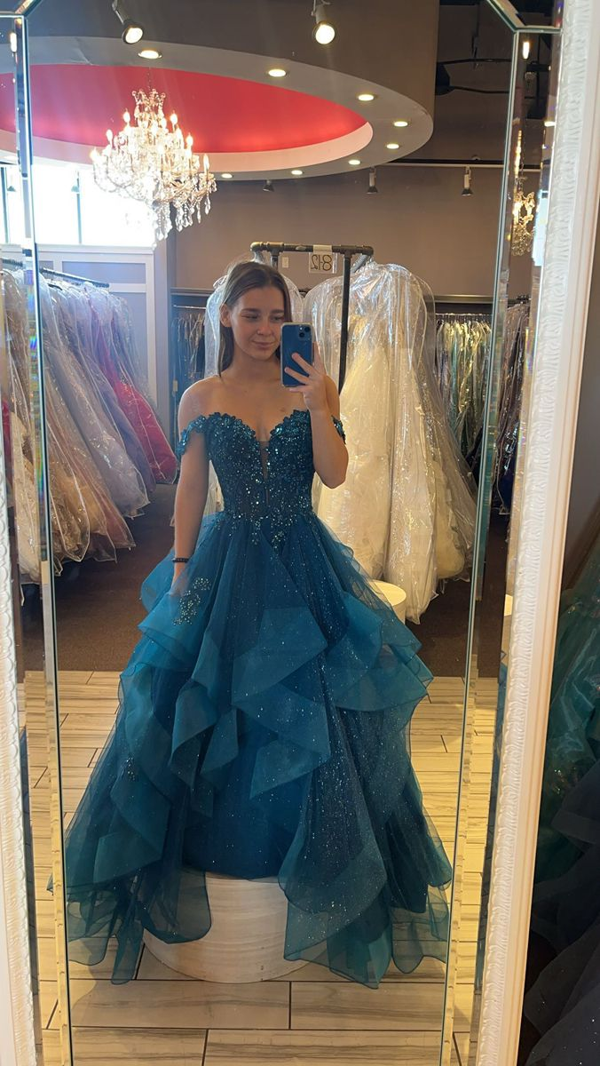 Sparkly Peacock Blue Tulle Sequin Long Party Dress Off The Shoulder Long Evening Gown D5017