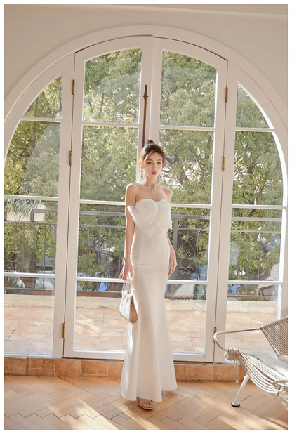 Classy White Strapless Bow Satin Mermaid Long Wedding Guest Dress Formal Evening Dress Prom Gown D2446