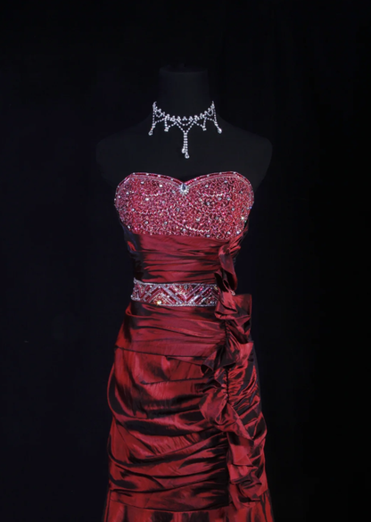 Elegant Strapless Satin Beaded Party Dress Burgundy Mermaid Long Prom Gown D2233