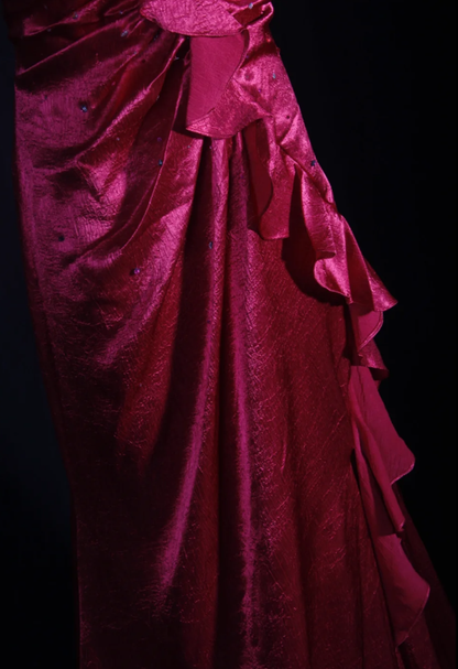 Stylish Hot Pink Satin V Neck Mermaid Evening Dress Backless Long Party Gown With Beads D2254