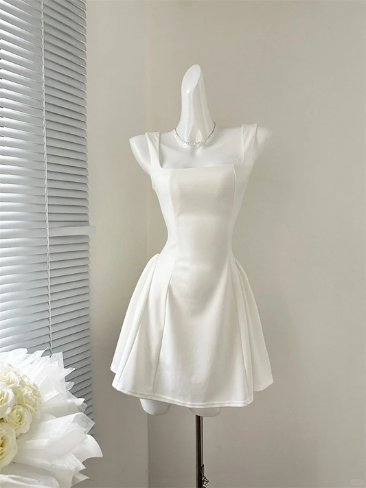 Simple White Square Neckline A Line Homecoming Dress Short Vacation Dress S402