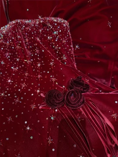 Vintage Strapless Red Velvet Sequin Beaded Long Evening Gown Party Dress D1611