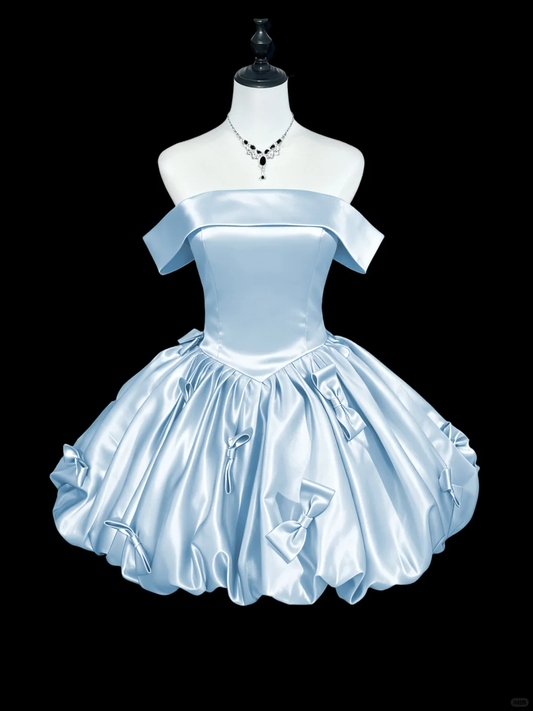 Classy Off The Shoulder Satin A Line Short 6th Grade Homecoming Dress,Blue Mini Birthday Dress With Bow D2794
