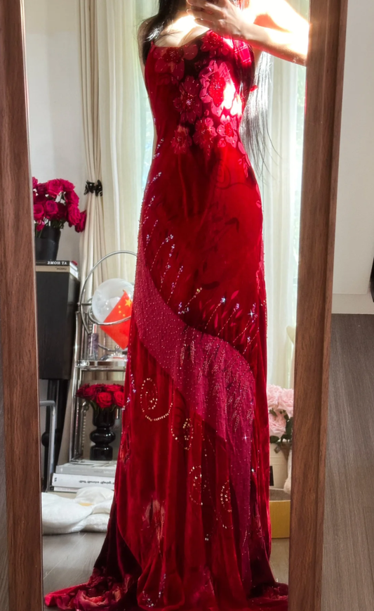 Unique Red Spaghetti Straps Velvet Sequin Mermaid Evening Dress Long Party Dresses D2302