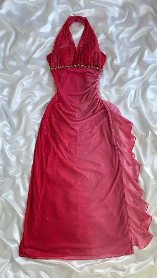 Classy Ombre Pink Halter Chiffon Ruffles Sheath Party Dress Glitter Long Prom Dress D1484