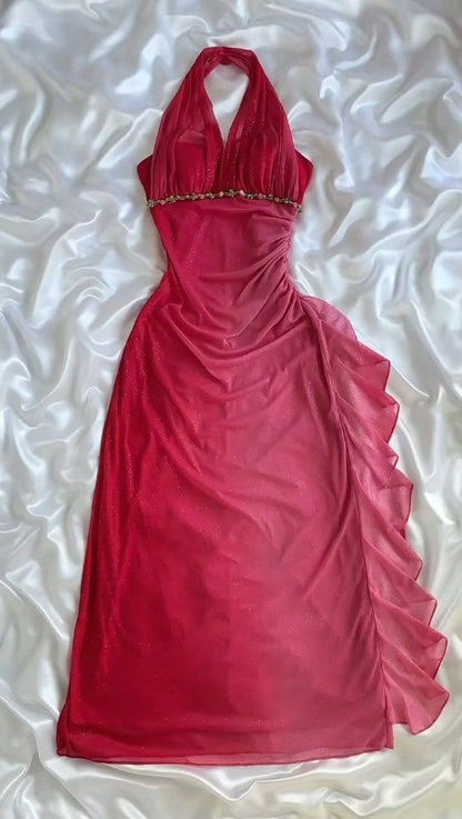 Classy Ombre Pink Halter Chiffon Ruffles Sheath Party Dress Glitter Long Prom Dress D1484