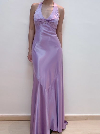 Elegant V NecK Purple Satin Mermaid Long Wedding Guest Dress Party Dress D1469