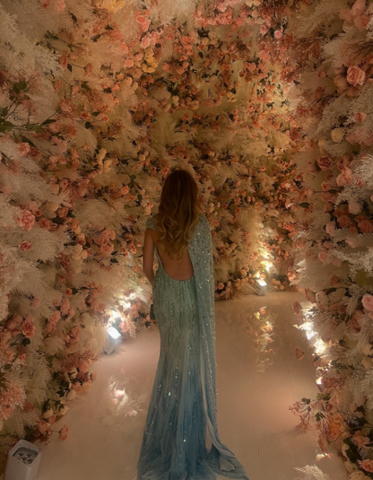 Pretty Ombre Blue Chiffon Sequin Beaded Mermaid Long Party DressBackless Evening Gown D1735