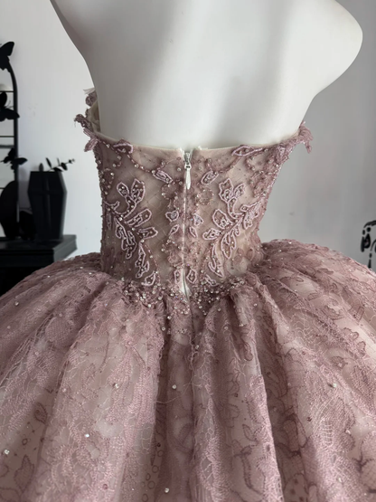 Charming Pink Tulle Lace Beaded Sweet 15 Dress,Sweetheart Neck Quinceanera Dress D3695