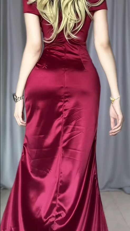 Pretty Burgundy Off The Shoulder Satin Pleated Mermaid Party Dress Long Slit Evening Gowns D2486
