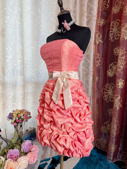 Classy Peach Pink Strapless Satin Pleated Sheath Short Prom Dress Homecoming Dress D727