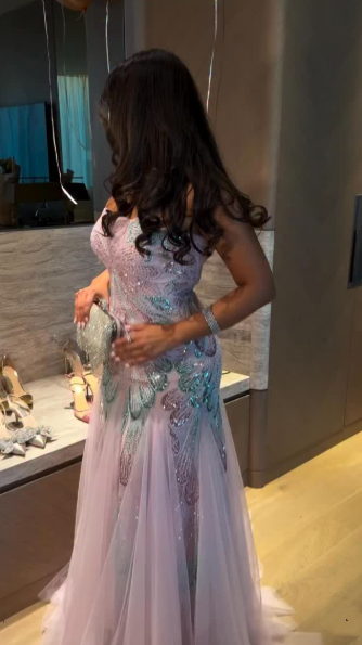 Glitter Lilac Strapless Tulle Sequin Mermaid Long Evening Dress Party Gown D4107