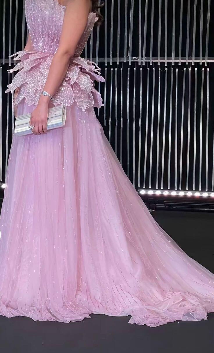 Glamorous Pink Sequin Petals Tulle Mermaid Long Party Dress Strapless Long Evening Dress D4487