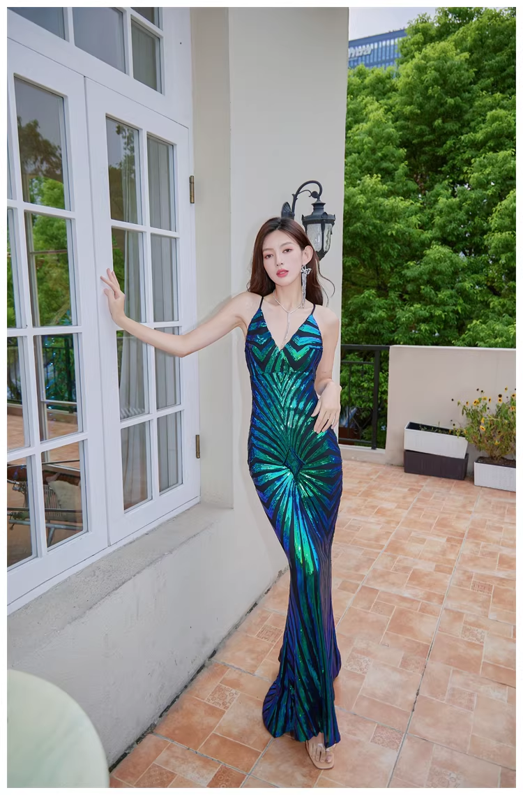 Vintage Green Spaghetti Straps Sequin Mermaid Long Evening Dress Birthday Dress D2447