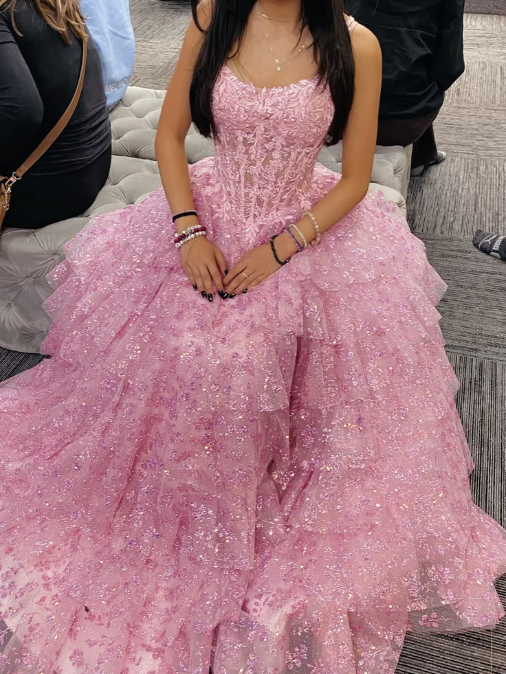 Stunning Spaghetti Straps Pink Tulle Sequin Layered Appliques Long Evening Dress Birthday Prom Dress D5442