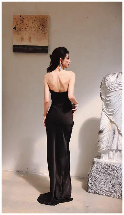 Fashion Black Strapless Satin Sequin Beaded Mermaid Evening Dress Long Wedding Guest Dress D2453