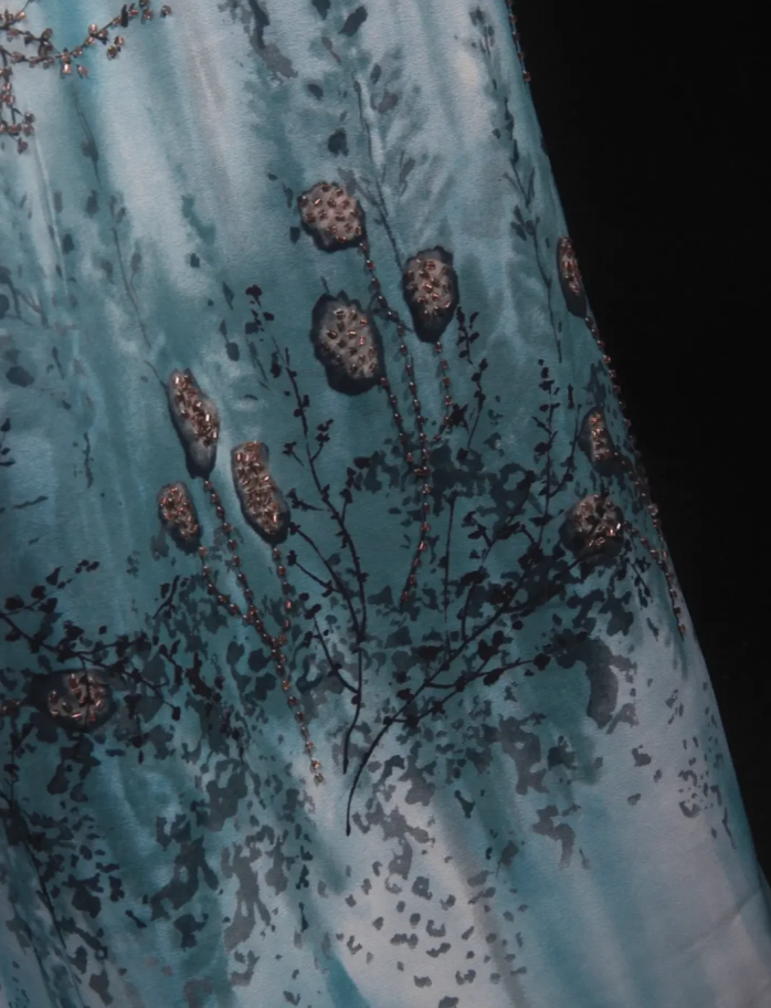 Vintage Square Neck Blue Chiffon Beaded Long Prom Dress Birthday Party Dress D2259