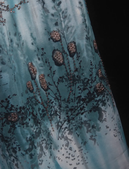 Vintage Square Neck Blue Chiffon Beaded Long Prom Dress Birthday Party Dress D2259