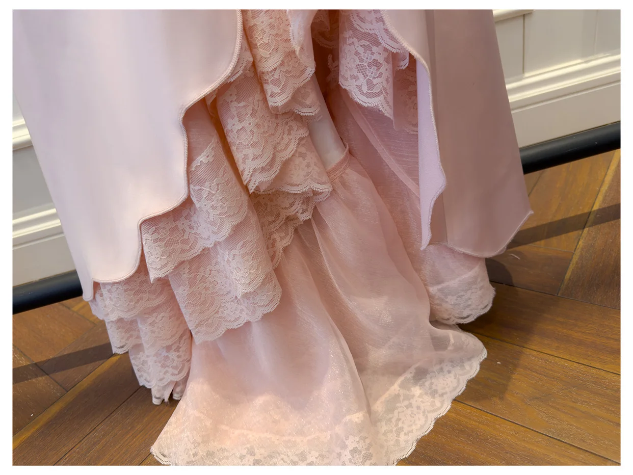 Classy Spaghetti Straps Peach Pink V Neck Satin Lace Mermaid Long Party Dress Birthday Dress D2942