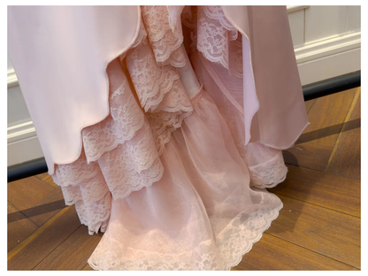 Classy Spaghetti Straps Peach Pink V Neck Satin Lace Mermaid Long Party Dress Birthday Dress D2942