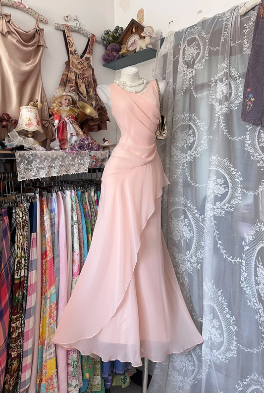 Pretty Pink Sleeveless Chiffon Pleated Mermaid Party Dress Long Wedding Guest Dress D3207