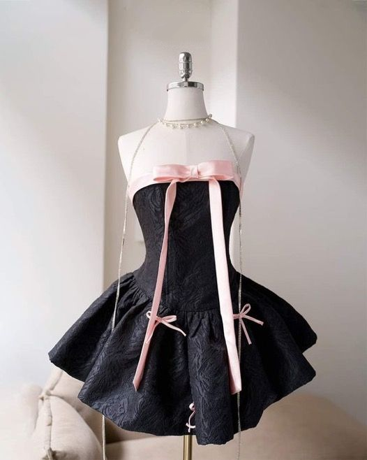 Chic Strapless Black Satin A Line Vacation Dress Short Birthday Dress With Bow S840