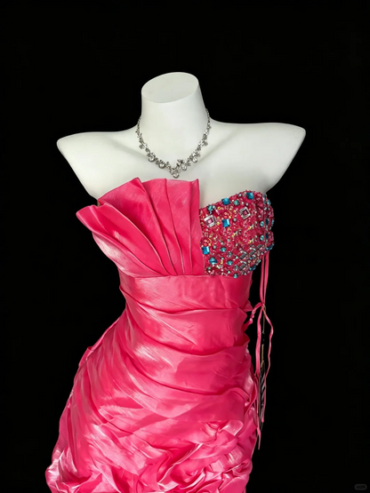 Stylish Pink Satin Pleated Beaded Short Homecoming Dress Strapless Sheath Short Cocktail Dress D5265