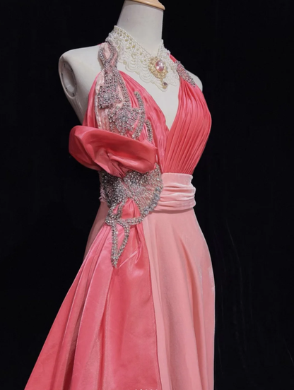 Pretty Pink Halter Satin Lace Beaded Mermaid Evening Dress Long Wedding Guest Dress D2022