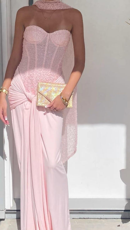Shiny Sweetheart Neck Chiffon Beaded Long Evening Dress Pink Mermaid Long Prom Gown D4498