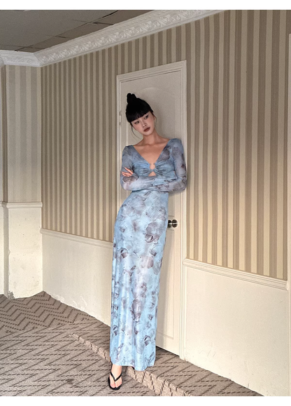 Charming V Neck Blue Lace Sheath Long Evening Dress Formal Wedding Guest Dress D2081