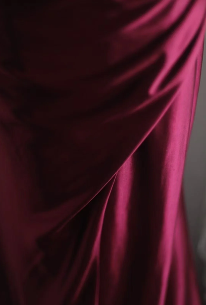 Vintage Burgundy One Shoulder Satin Pleated Long Wedding Guest Dress Formal Slit Party Dress D2325