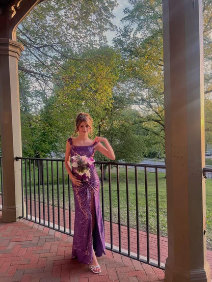 Elegant Square Neck Sequin Long Party Dress Purple Slit Mermaid Evening Dress D5298