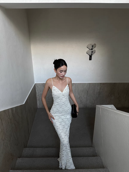 Pretty Spaghetti Straps V Neck Off White Lace Sequin Mermaid Long Evening Dress Formal Wedding Guest Dress D2125