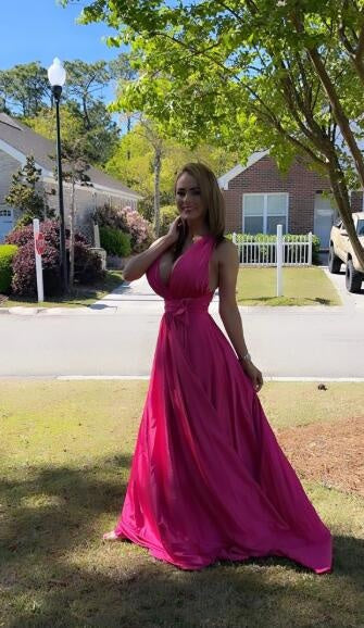 Sexy V Neck Hot Pink Satin Slit Long Party Dress Prom Gown D4101