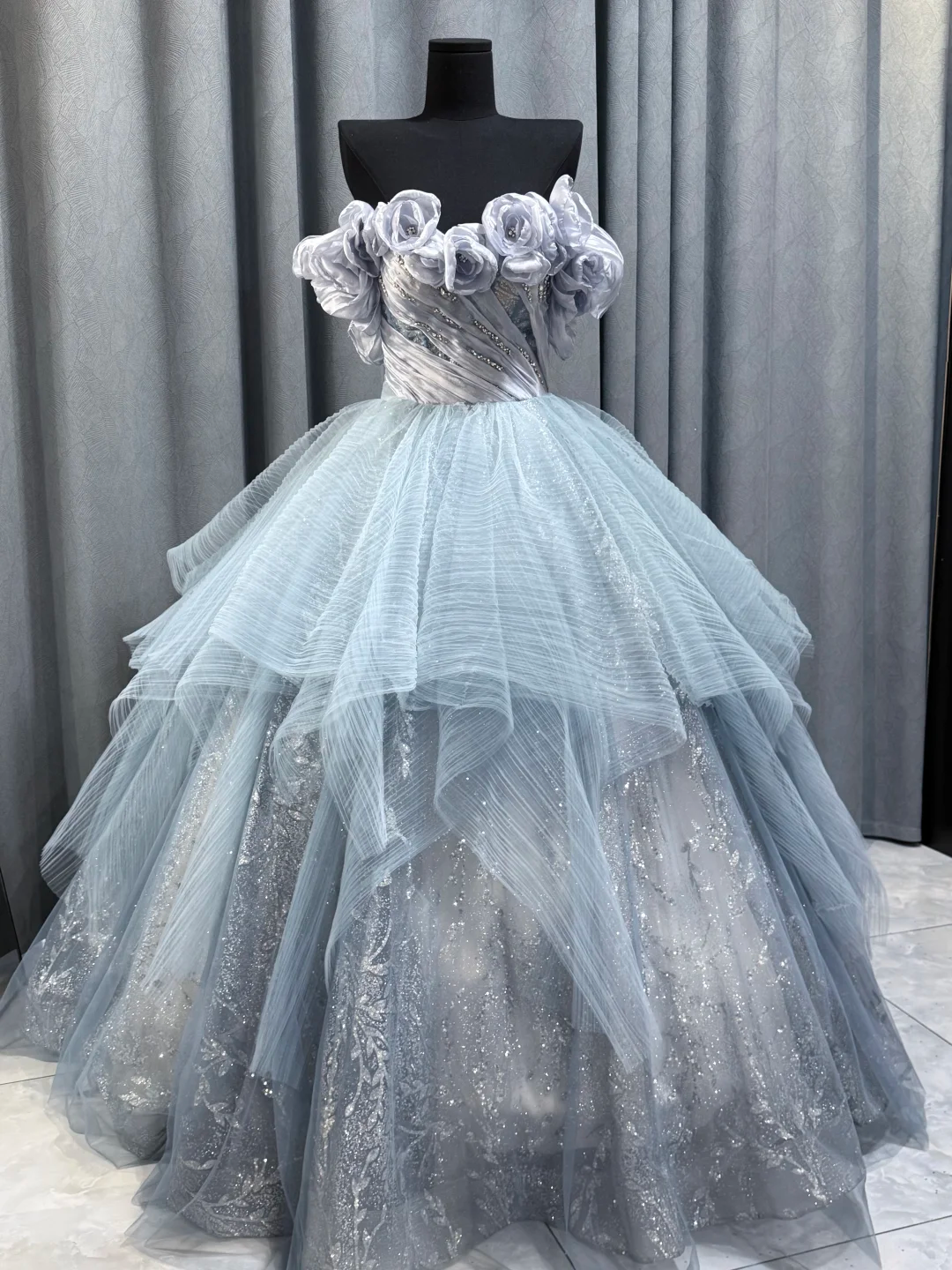 Fairy Off The Sholder Blue Tulle Sequin Beadded Birthday Quinceanera Dress Sweet 16 Dress D2473