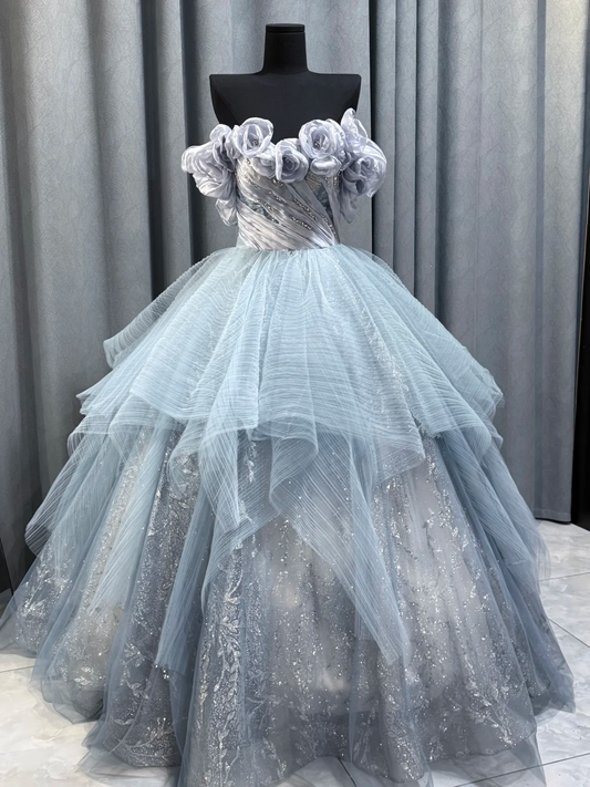 Fairy Off The Sholder Blue Tulle Sequin Beadded Birthday Quinceanera Dress Sweet 16 Dress D2473