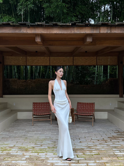 Classy White Halter Satin Mermaid Long Evening Dress Birthday Prom Dress Party Gown D2088