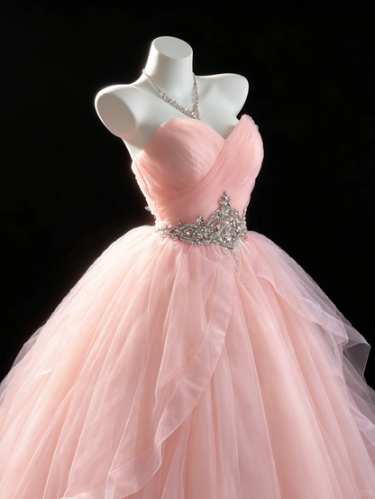 Pretty Strapless Sweet 16 Dress Pink Tulle Beaded Birthday Quinceanera Dress D5283