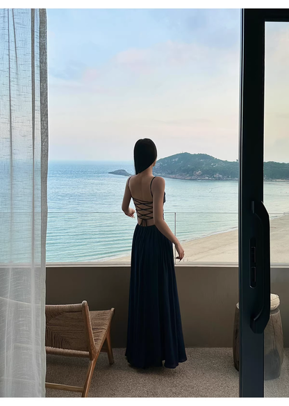 Elegant Spaghetti Straps Satin A Line Slit Evening Dress Navy Blue Long Birthday Party Dress With Pockets D2084