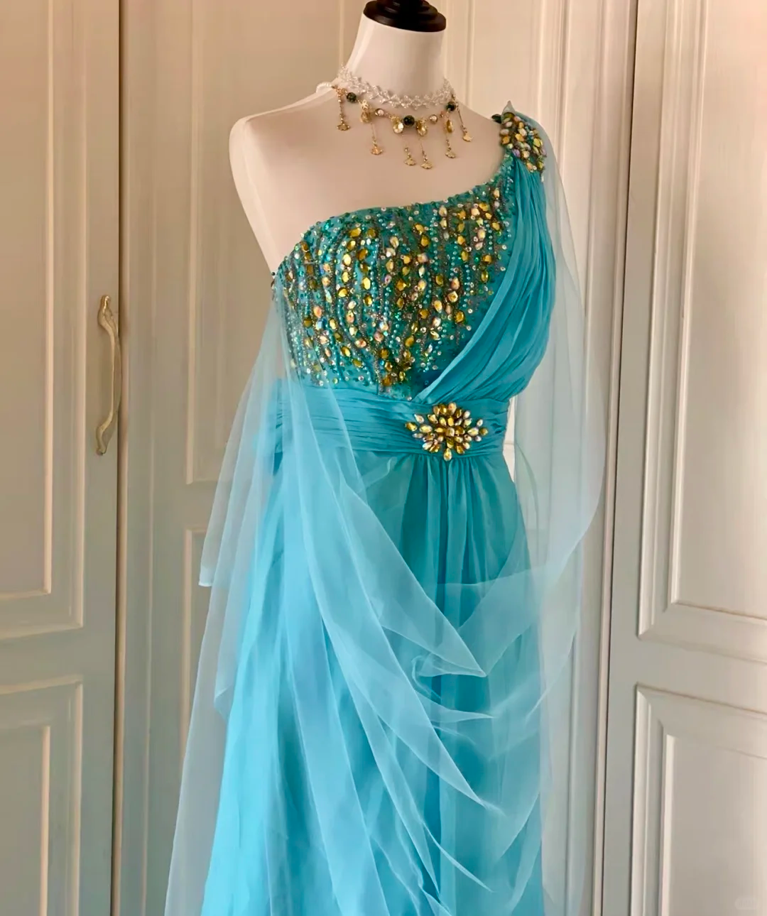Stylish One Shoulder Blue Satin Tulle Beaded Mermaid Long Prom Dress Evening Dress D3093
