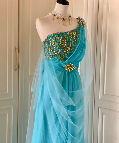 Stylish One Shoulder Blue Satin Tulle Beaded Mermaid Long Prom Dress Evening Dress D3093