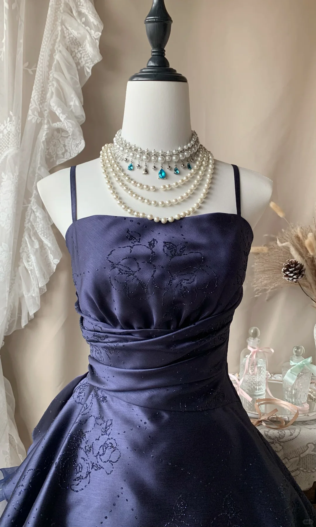 Retro Spaghetti Straps Satin Tulle Beaded Short Birthday Dress,Navy Blue Mini 7th Grade Homecoming Dress D3188