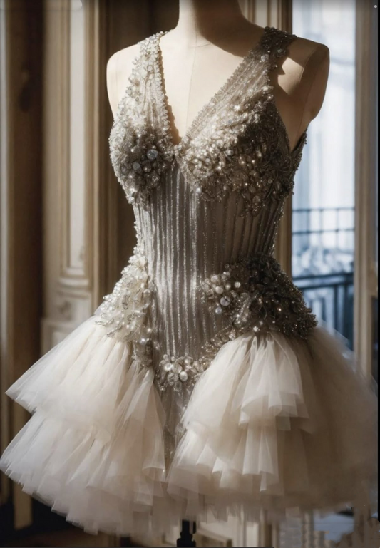 Vintage V Neck Tulle Beaded Short Graduation Homecoming Dress 20th Birthday Outfits D472