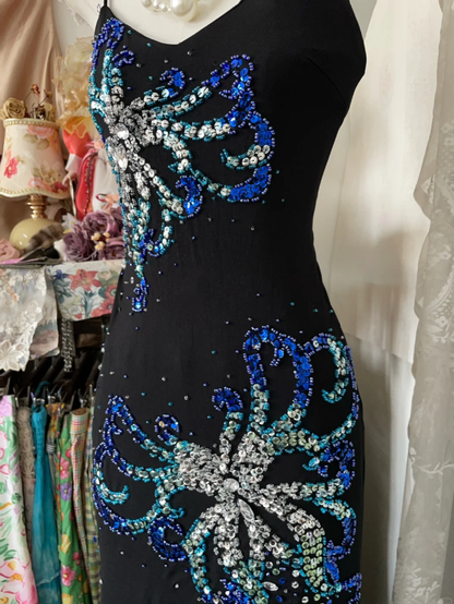 Retro Spaghetti Straps Satin Beaded Mermaid Evening Dress Black Slit Long Party Dress D1524