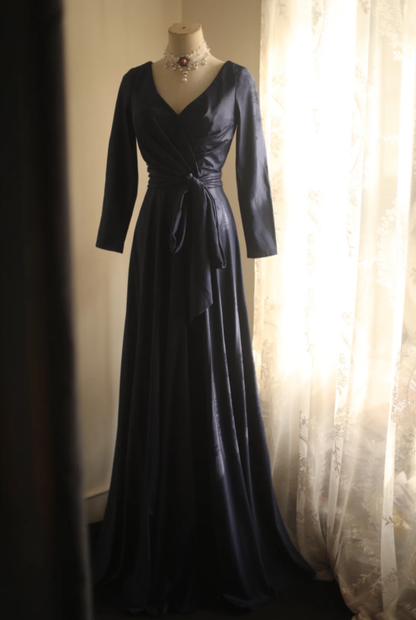 Elegant V Neck Navy Blue Satin Mermaid Long Wedding Guest Dress Formal Birthday Evening Dress D2204